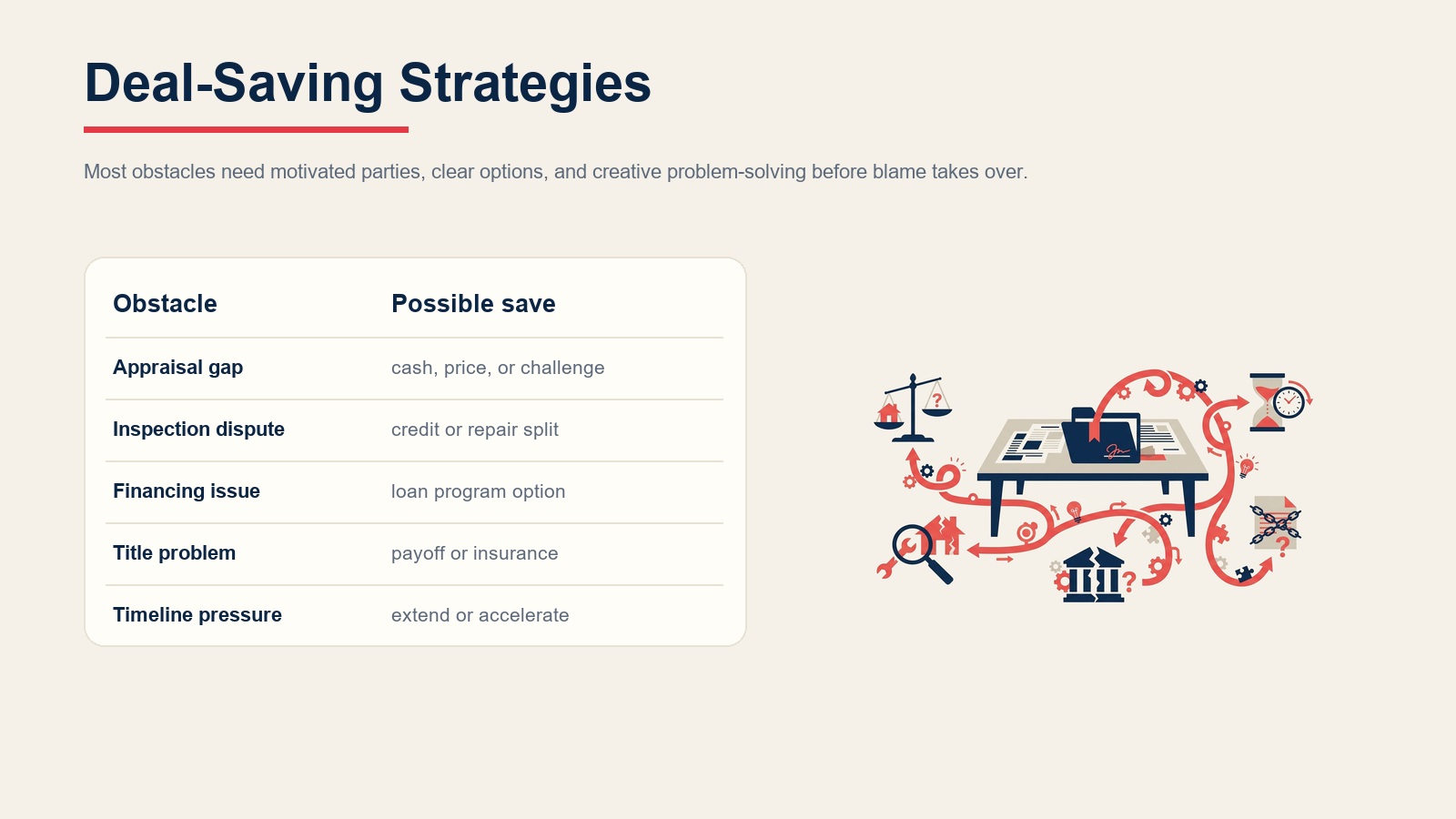 Deal-saving strategies for appraisal gaps, inspection disputes, financing issues, title problems, and timeline pressure