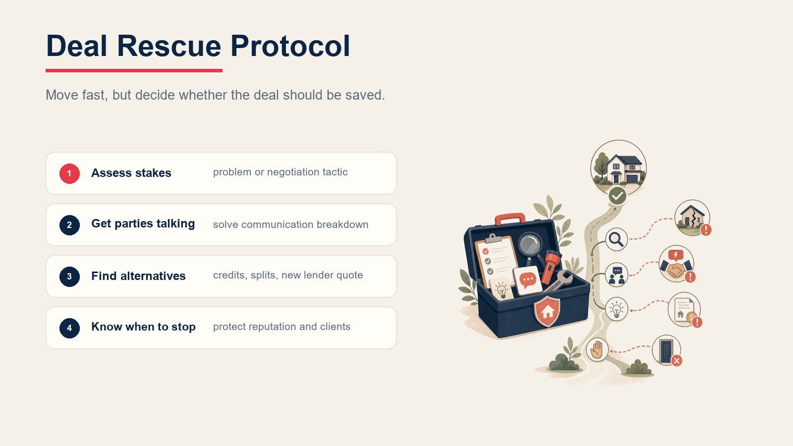 Deal rescue protocol table showing assess stakes, get parties talking, find alternatives, and know when to stop