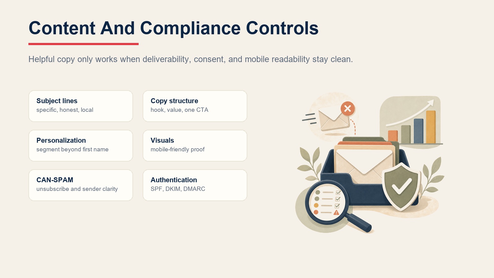 Email content and compliance controls for subject lines, copy, personalization, visuals, CAN-SPAM, and authentication