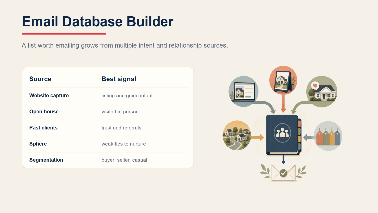 Email database builder with website capture, open house leads, past clients, sphere, and segmentation