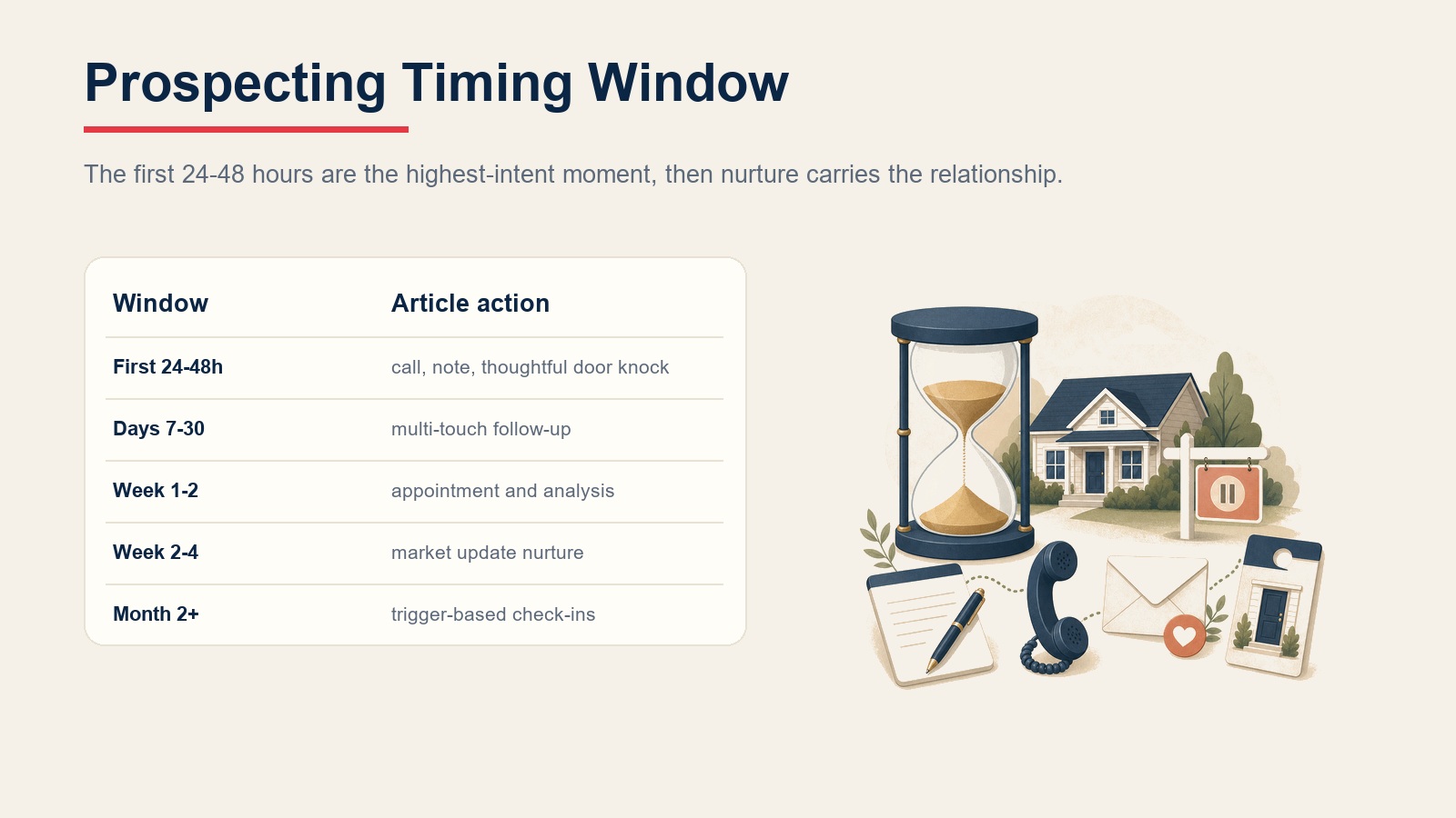 Expired listing prospecting timing window from first 24-48 hours through month two follow-up