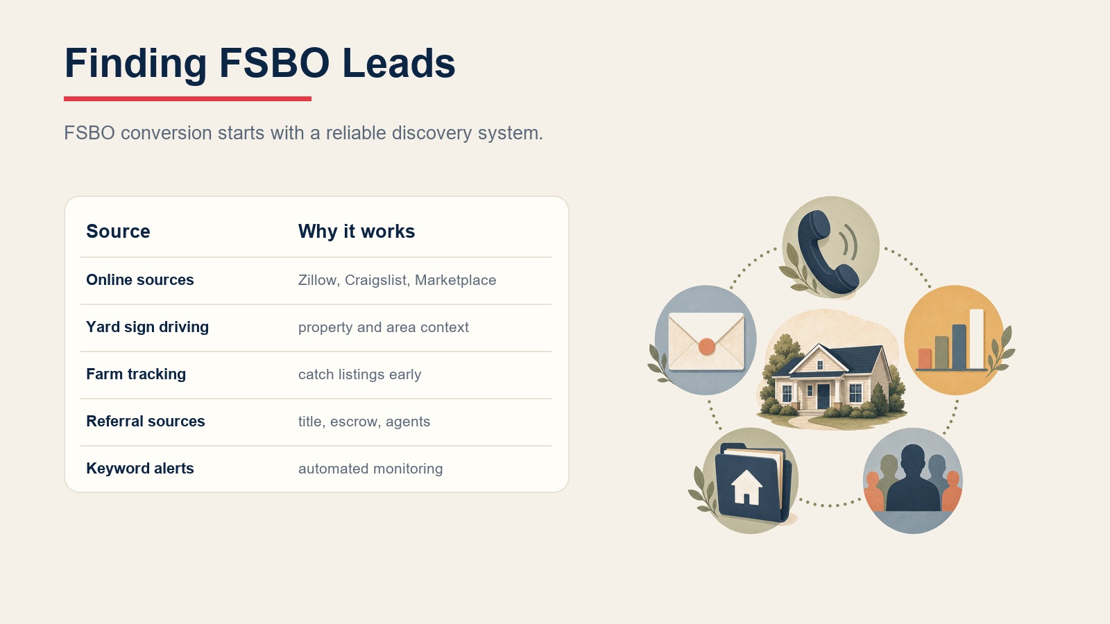 FSBO lead source system covering online sources, yard signs, farm tracking, referrals, and keyword alerts