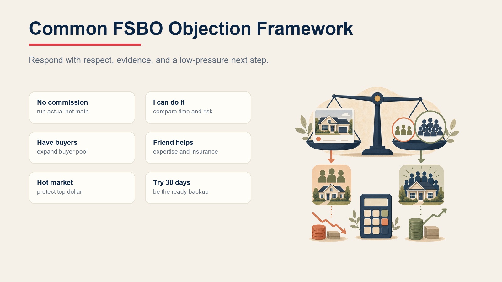 Common FSBO objection framework for commission, DIY, buyers, friend help, hot market, and 30 day trial objections