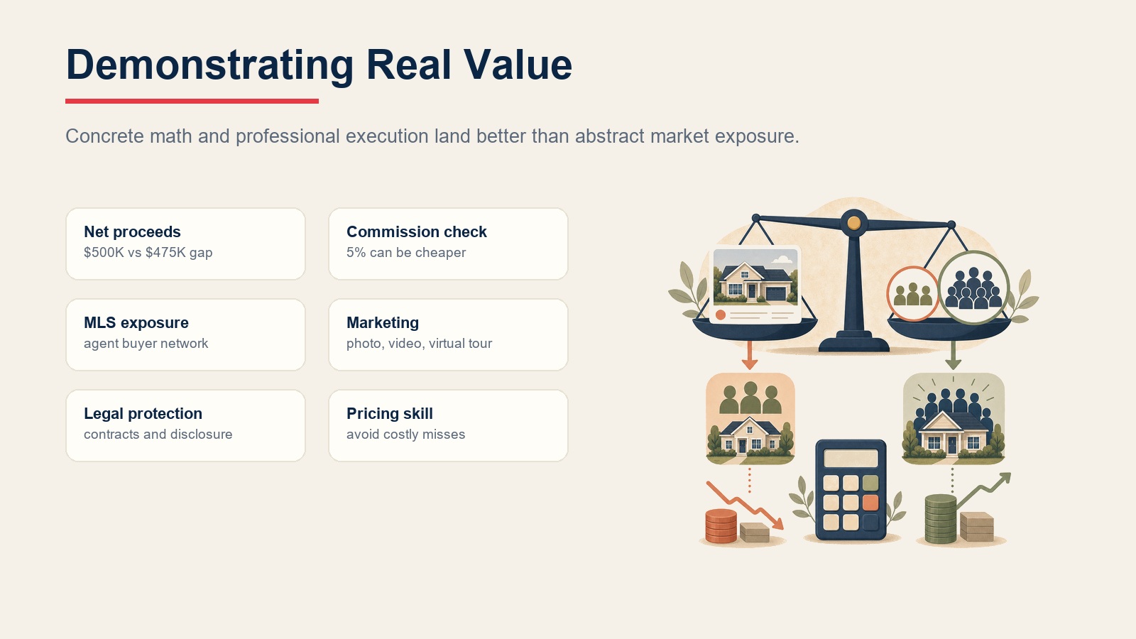 FSBO value proof stack showing net proceeds, commission check, MLS exposure, marketing, legal protection, and pricing skill