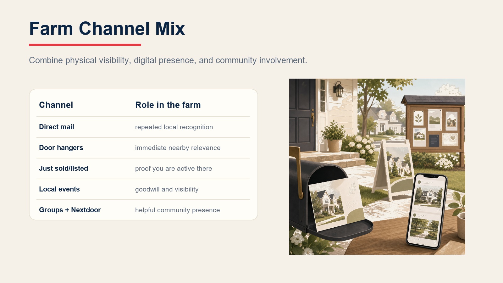 Farm channel mix comparing direct mail, door hangers, just sold postcards, local events, and neighborhood groups