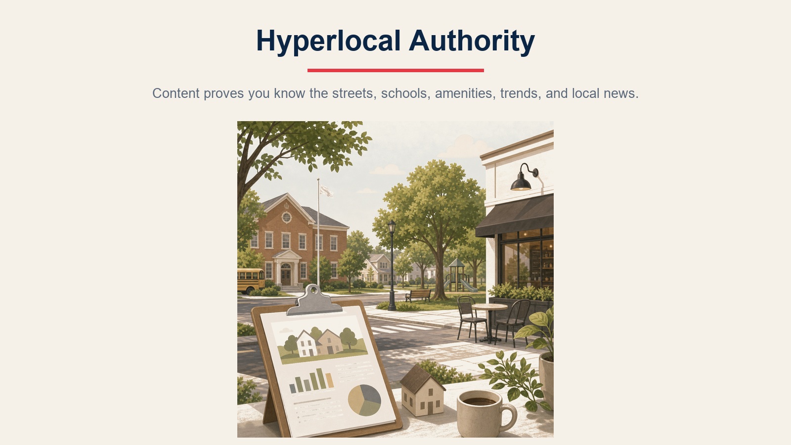 Hyperlocal authority visual showing neighborhood reports, schools, amenities, trends, and local news