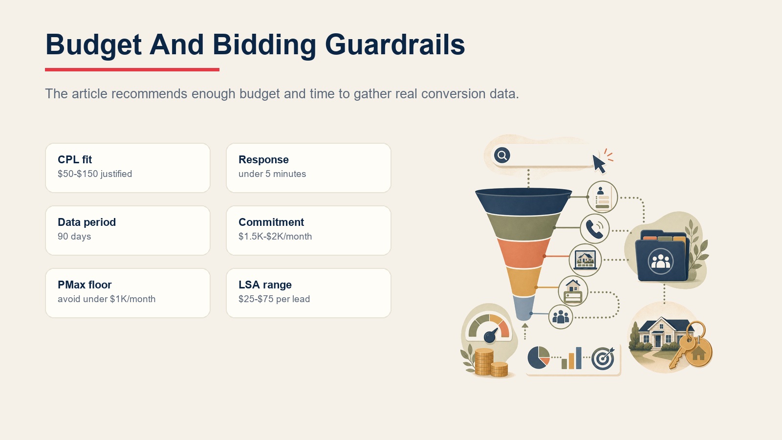 Google Ads budget and bidding guardrails with CPL fit, response speed, data period, monthly commitment, PMax floor, and LSA range