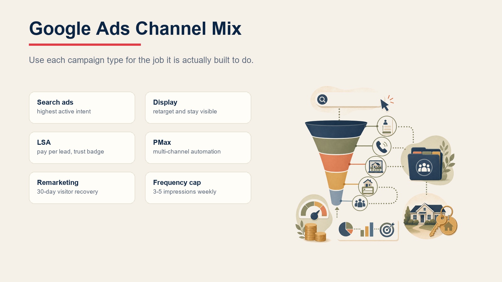 Google Ads channel mix showing search ads, display, local services ads, Performance Max, remarketing, and frequency caps