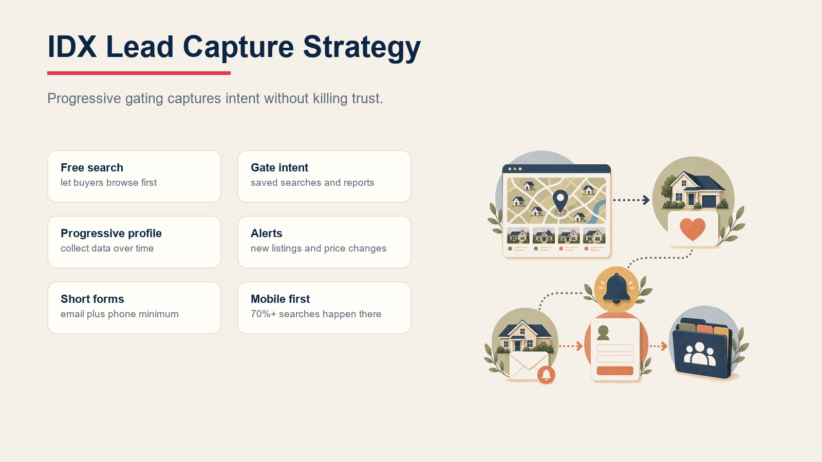 IDX lead capture strategy with free search, gated intent, progressive profiling, alerts, short forms, and mobile-first search