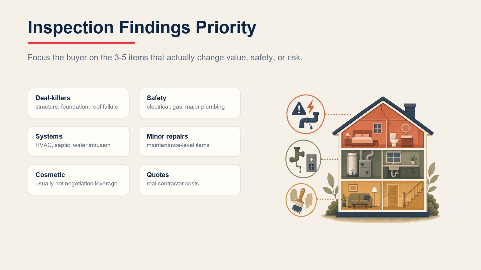 Inspection findings priority cards for deal killers, safety, systems, and minor items
