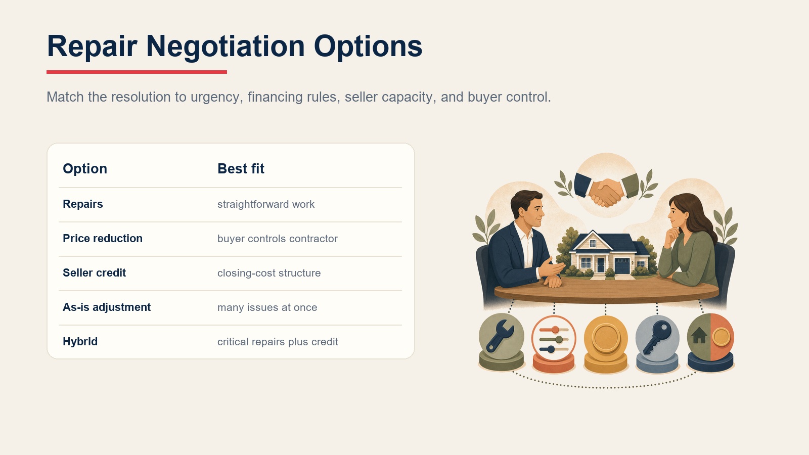 Repair negotiation options table showing repairs, price reduction, credits, as-is adjustment, and hybrid approaches