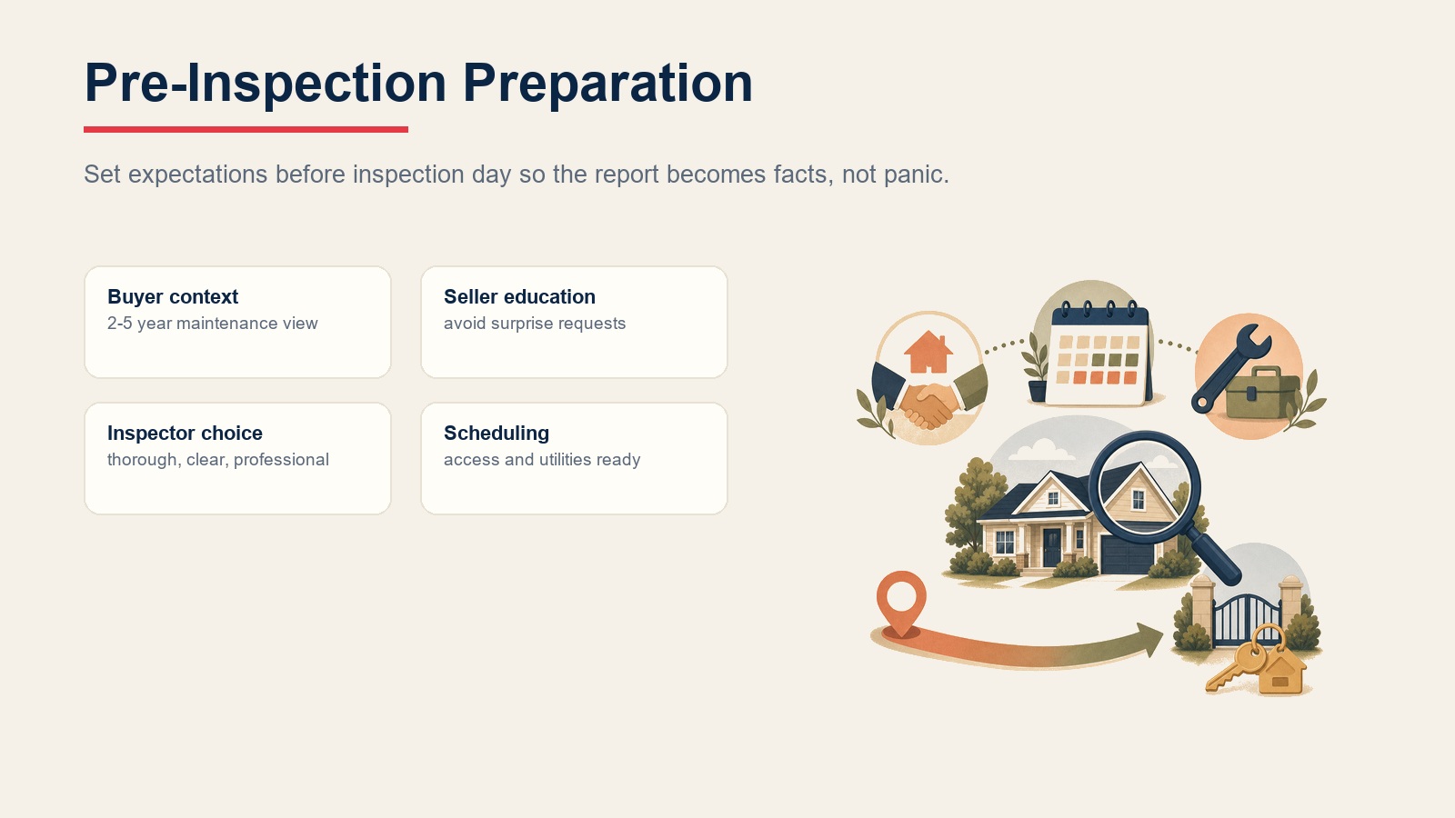 Pre-inspection preparation checkpoints for buyers, sellers, inspectors, and scheduling