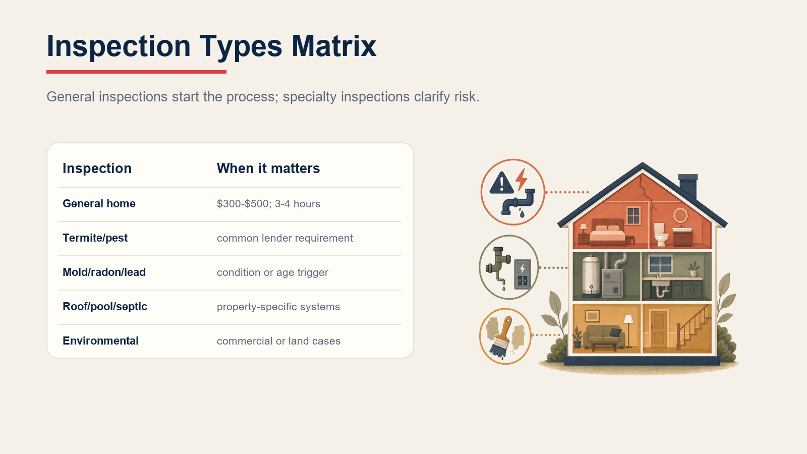 Matrix of common real estate inspection types and when they matter