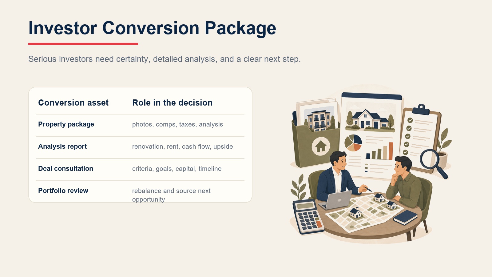 Investor conversion package table showing property packages, analysis reports, deal consultations, and portfolio reviews