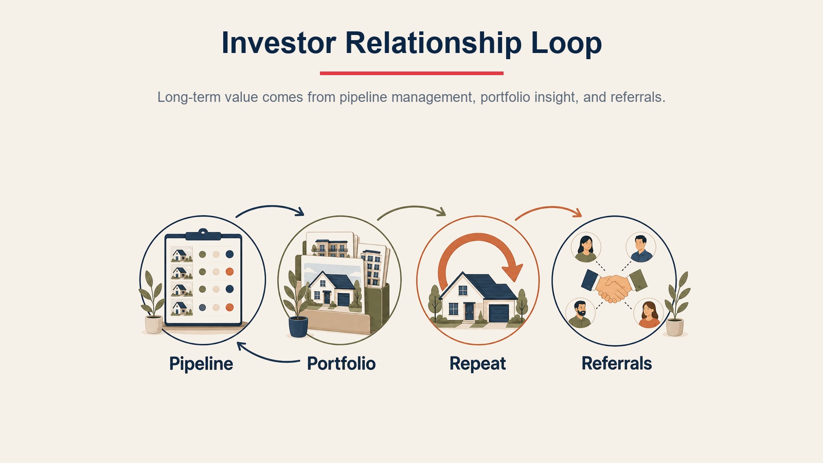 Investor relationship loop visual showing pipeline, portfolio, repeat purchases, and referrals