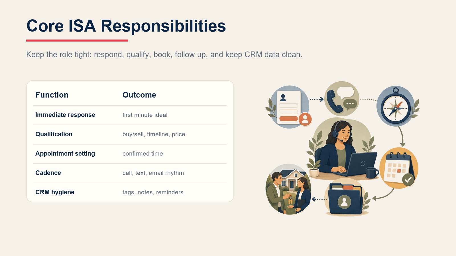 Core ISA responsibilities including immediate response, qualification, appointment setting, cadence, and CRM hygiene