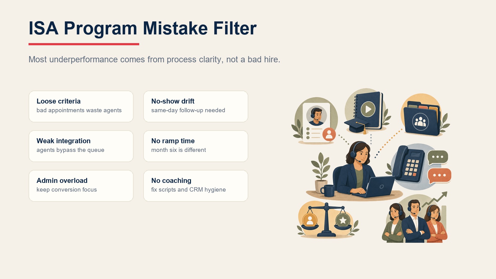 ISA program mistake filter covering loose criteria, no-show drift, weak integration, no ramp time, admin overload, and no coaching