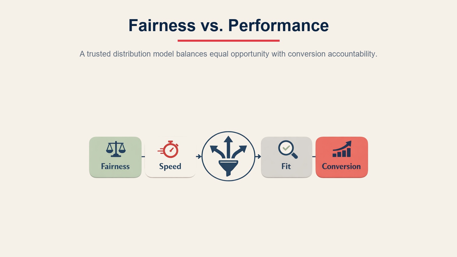 Fairness and performance trade-off in lead distribution with baseline opportunity and accountability rules