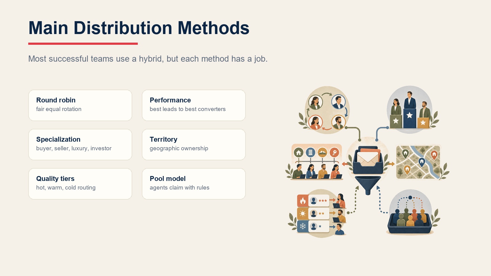 Main real estate lead distribution methods including round robin, performance, specialization, territory, tiers, and pool models
