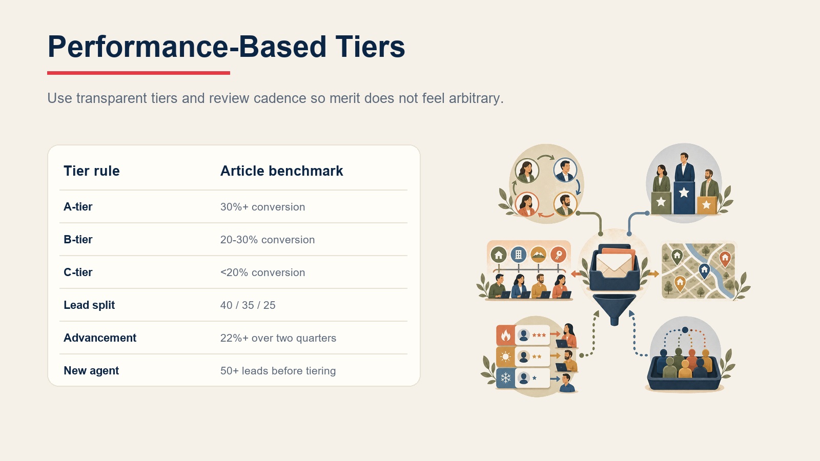 Performance-based lead distribution tier benchmarks and lead allocation split