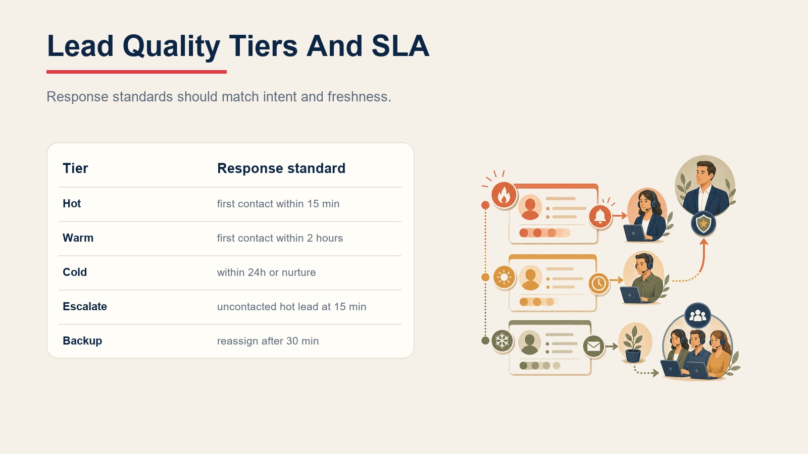 Lead quality tier response standards for hot, warm, cold, escalation, and backup routing