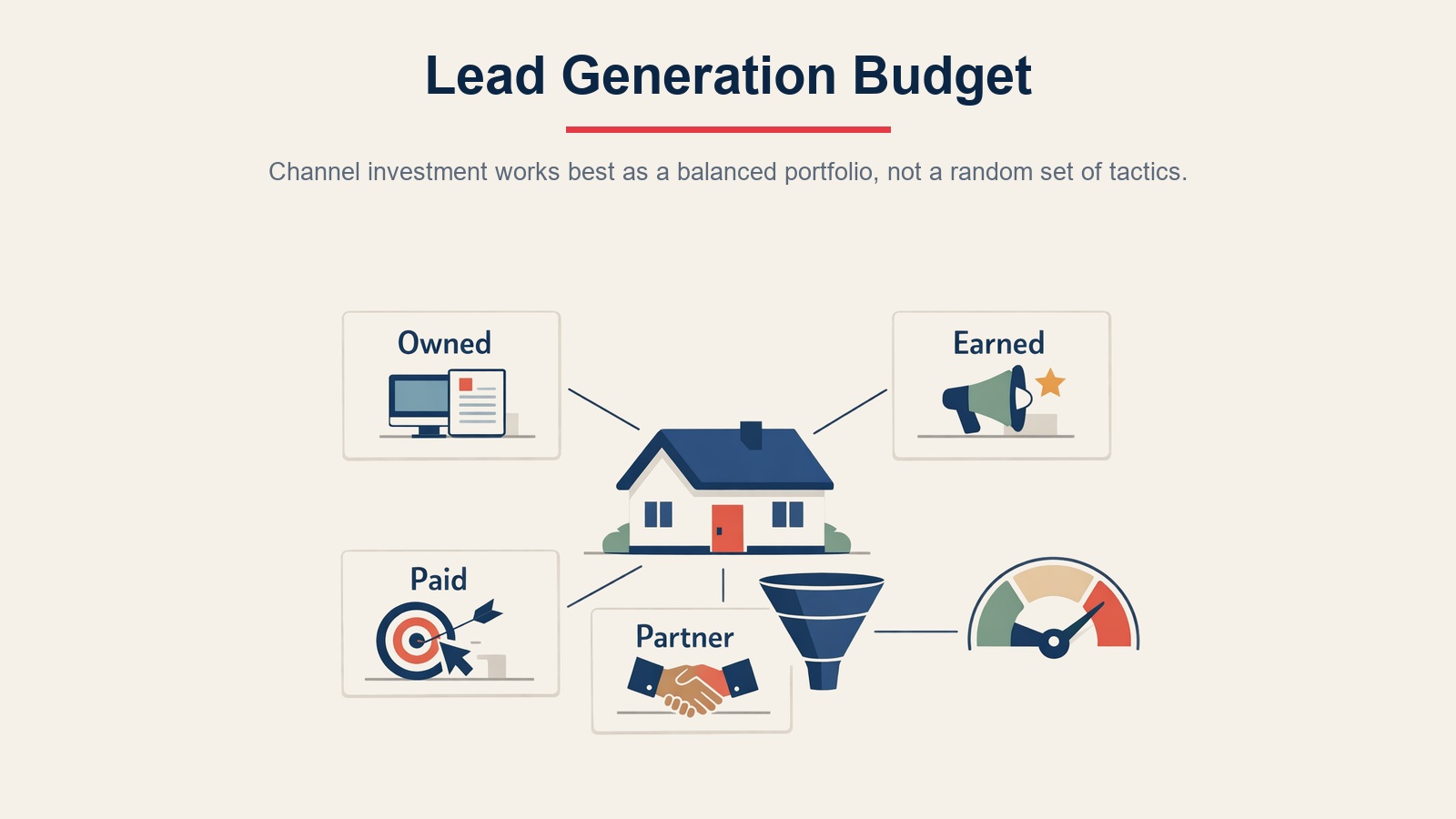 Lead generation budget allocation across owned systems, organic content, paid channels, and events partnerships