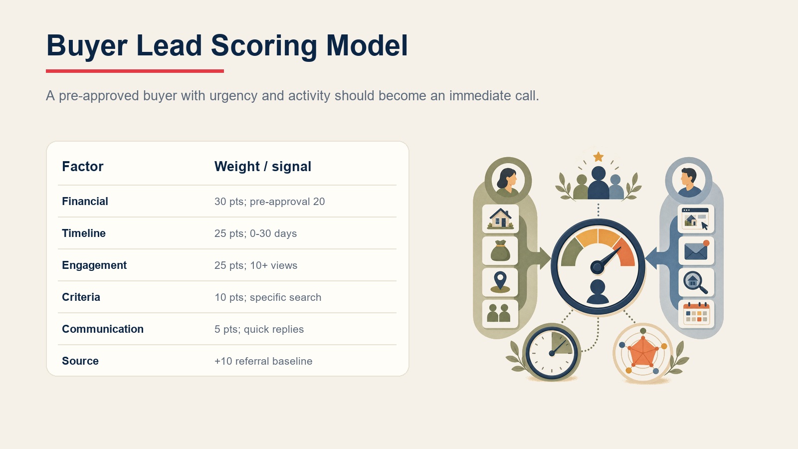 Buyer lead scoring model with financial, timeline, engagement, criteria, communication, and source signals