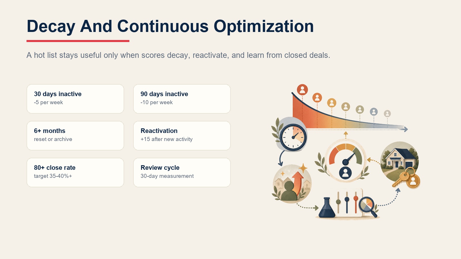 Score decay and continuous optimization rules for inactive and reactivated real estate leads