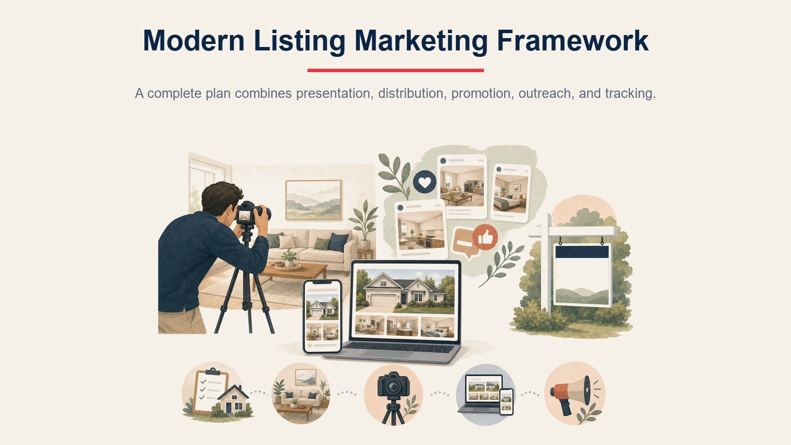 Modern listing marketing framework with presentation, channels, outreach, and tracking