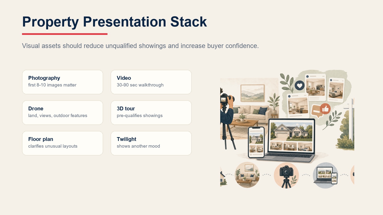 Property presentation stack for listing photos, video, drone, 3D tours, floor plans, and twilight shots