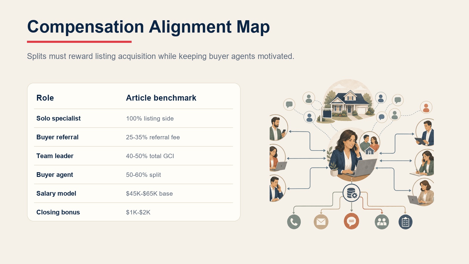 Compensation alignment map for listing specialists, buyer referrals, buyer agents, salary models, and bonuses