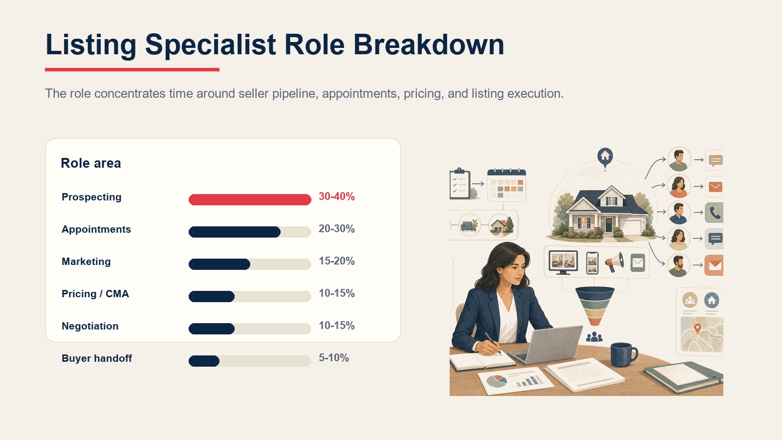 Listing specialist role breakdown across prospecting, appointments, marketing, pricing, negotiation, and buyer handoff