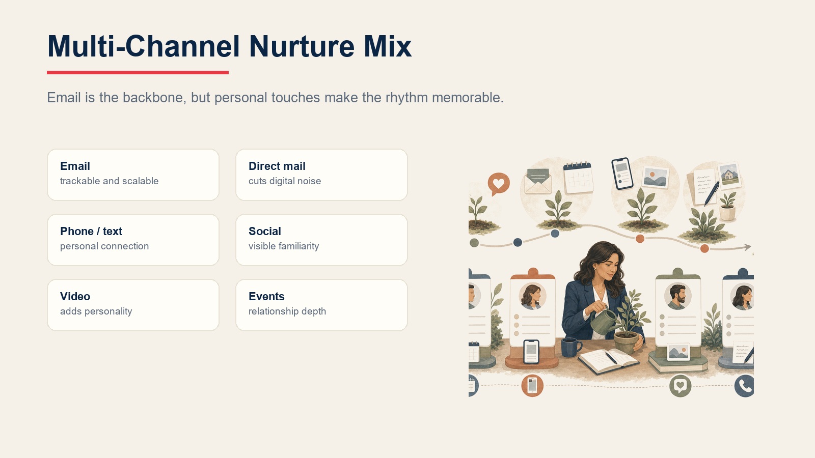 Multi-channel nurture mix for email, direct mail, phone, social, video, and events