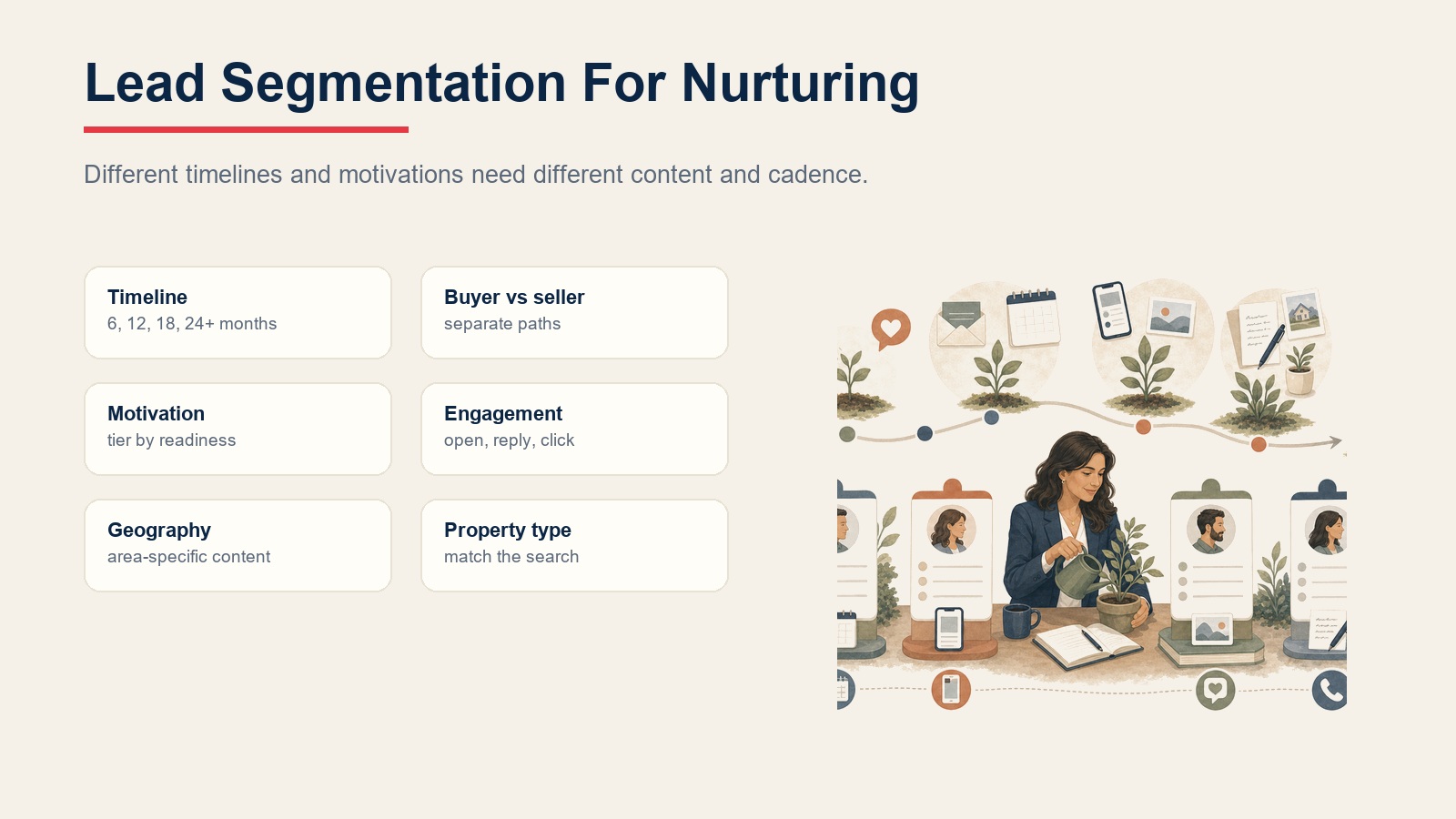 Lead segmentation for nurturing by timeline, buyer versus seller path, motivation, engagement, geography, and property type
