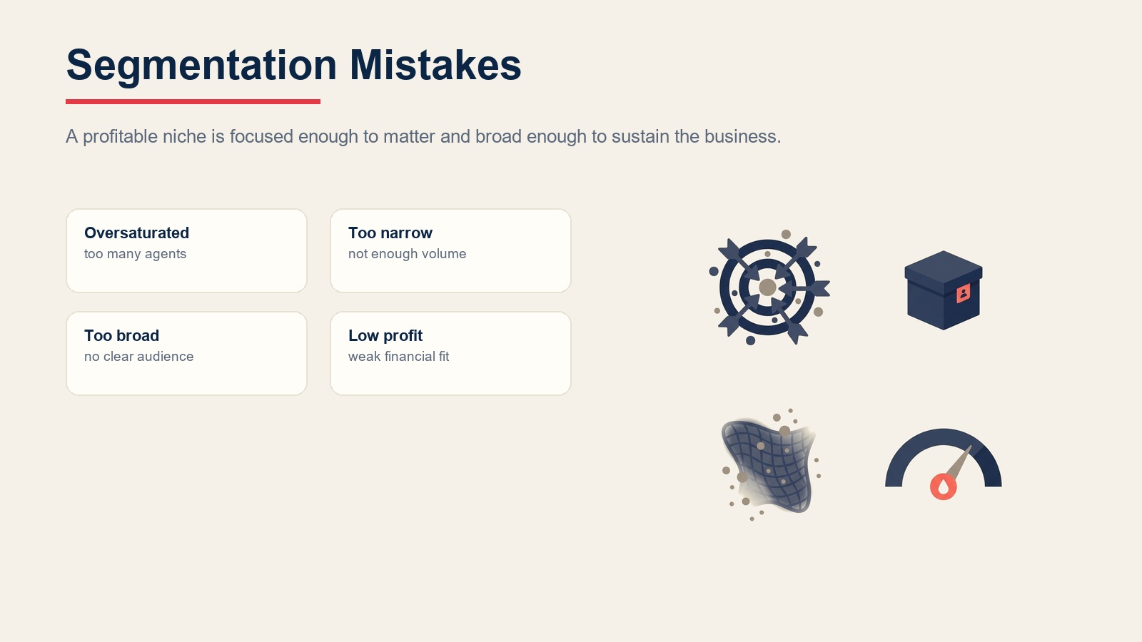 Market segmentation mistakes showing oversaturated niches, too-narrow focus, too-broad positioning, and low-profit segments