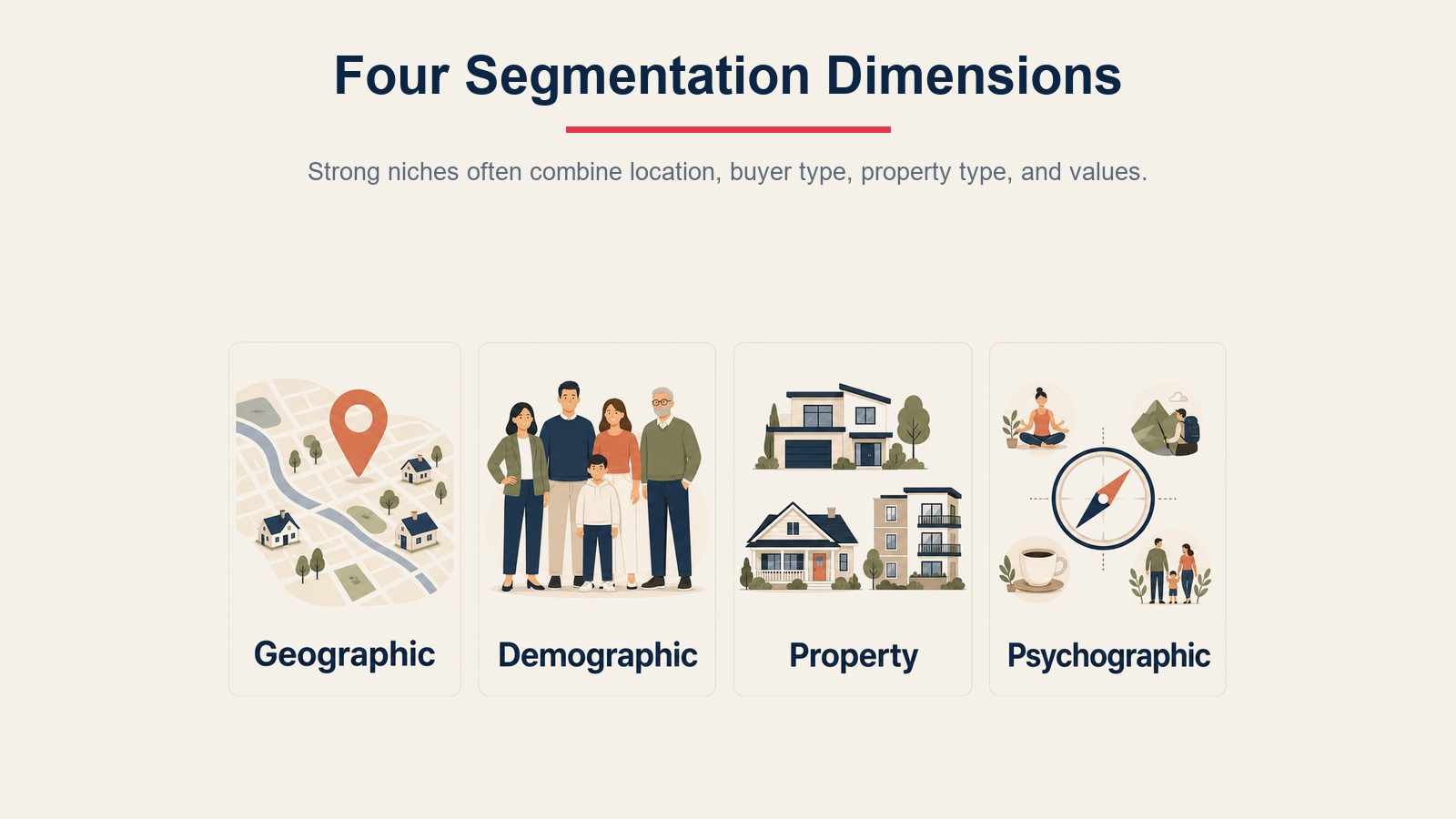 Four real estate market segmentation dimensions showing geographic, demographic, property, and psychographic focus areas