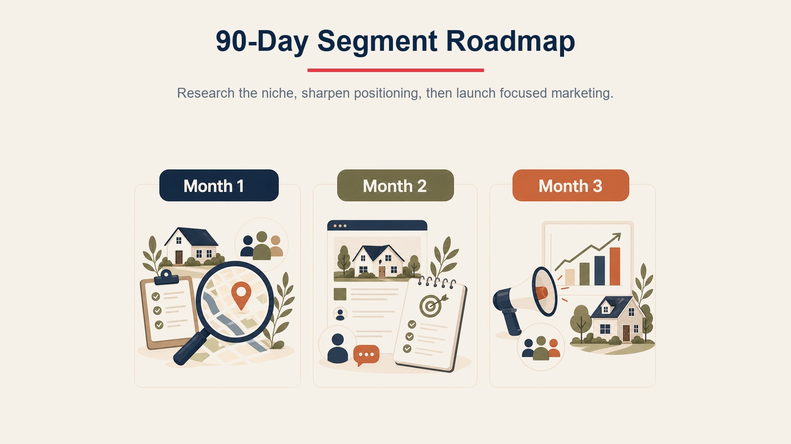 Ninety-day real estate segment domination roadmap showing research, positioning, and marketing momentum stages