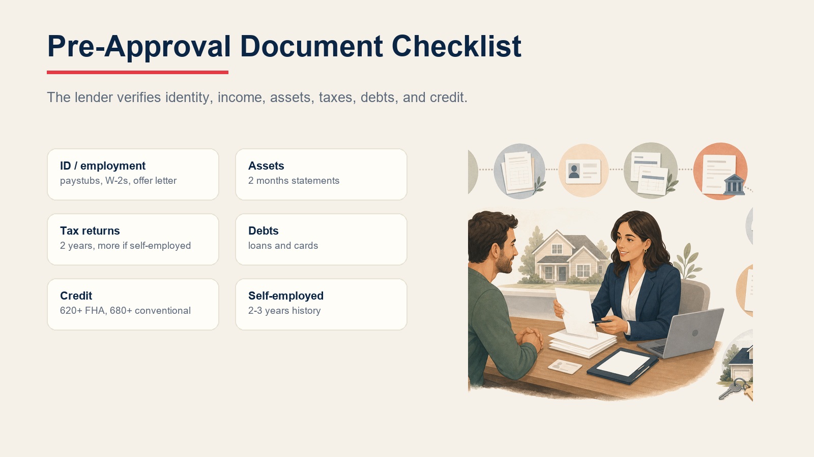 Pre-approval document checklist for identity, employment, assets, taxes, debts, credit, and self-employment