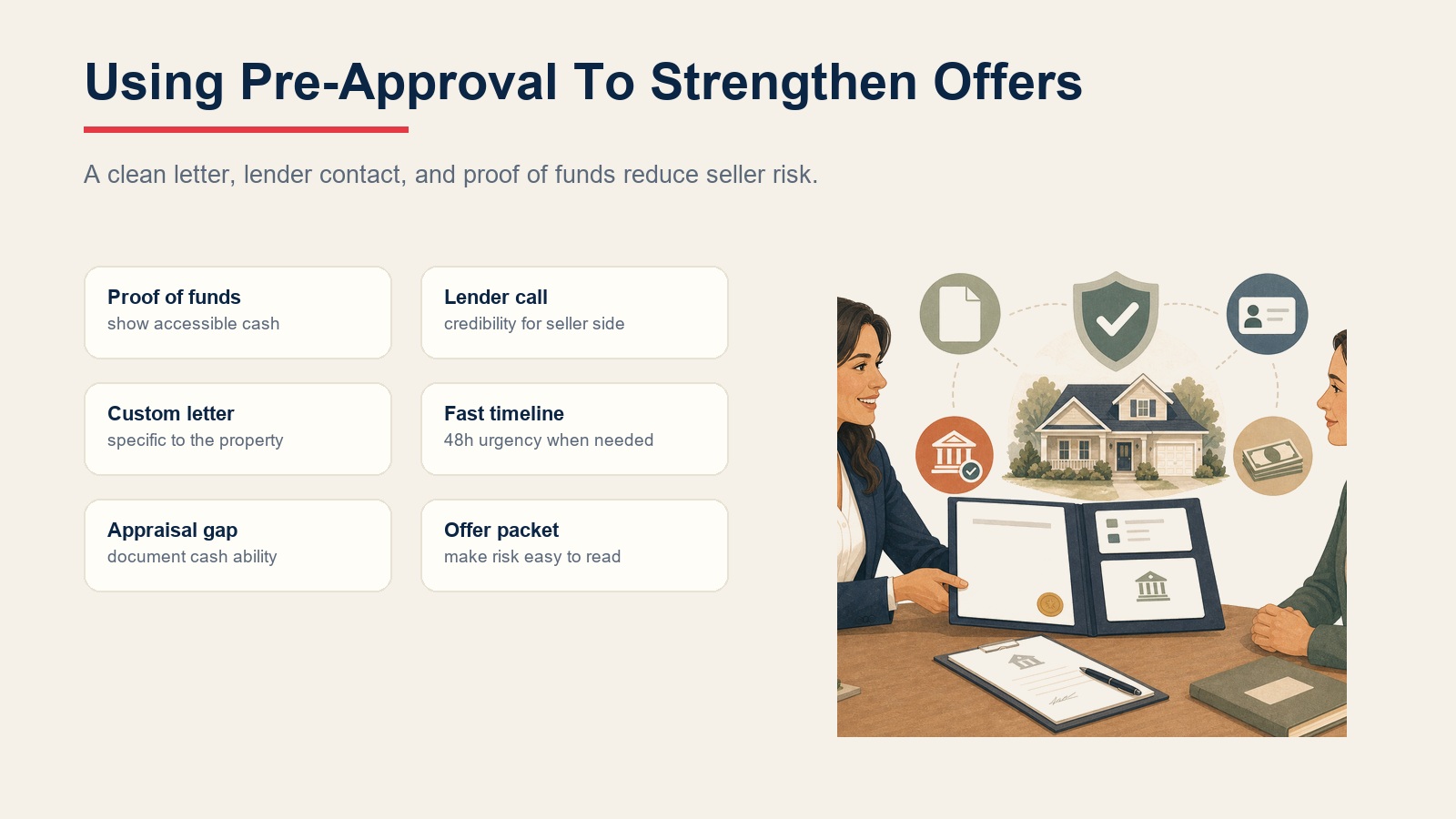 Using mortgage pre-approval to strengthen offers with proof of funds, lender calls, and appraisal gap readiness
