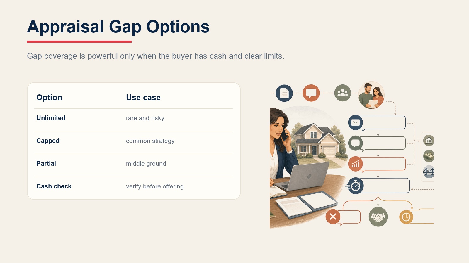 Appraisal gap options for unlimited, capped, partial, and cash-verified coverage
