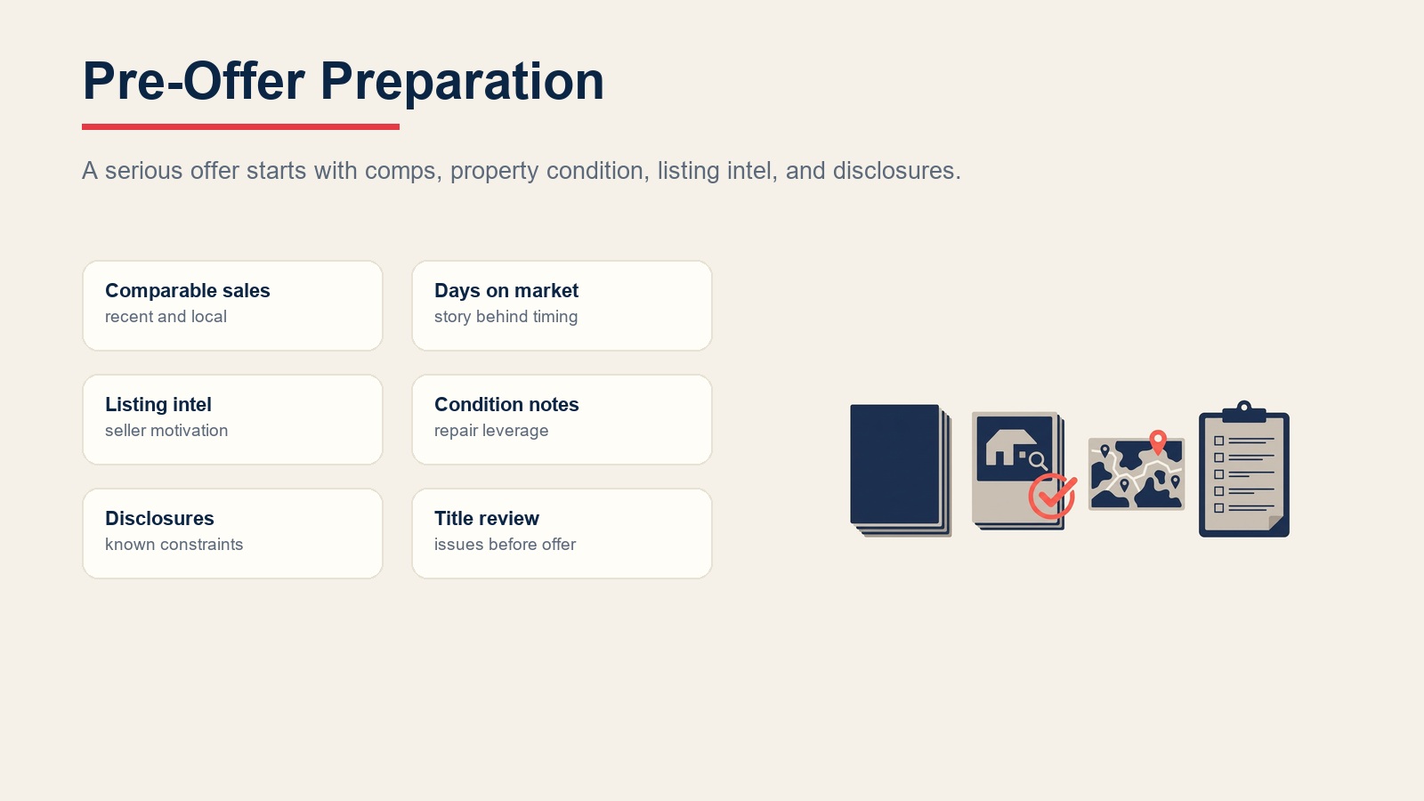 Pre-offer preparation checklist for comparable sales, property condition, listing intelligence, and disclosures