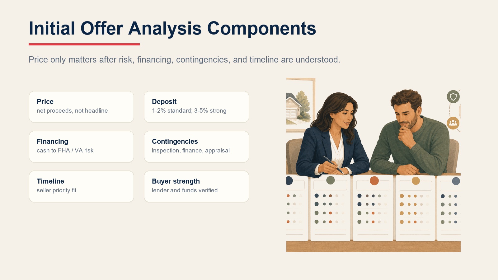 Initial offer analysis components across price, deposit, financing, contingencies, timeline, and buyer strength