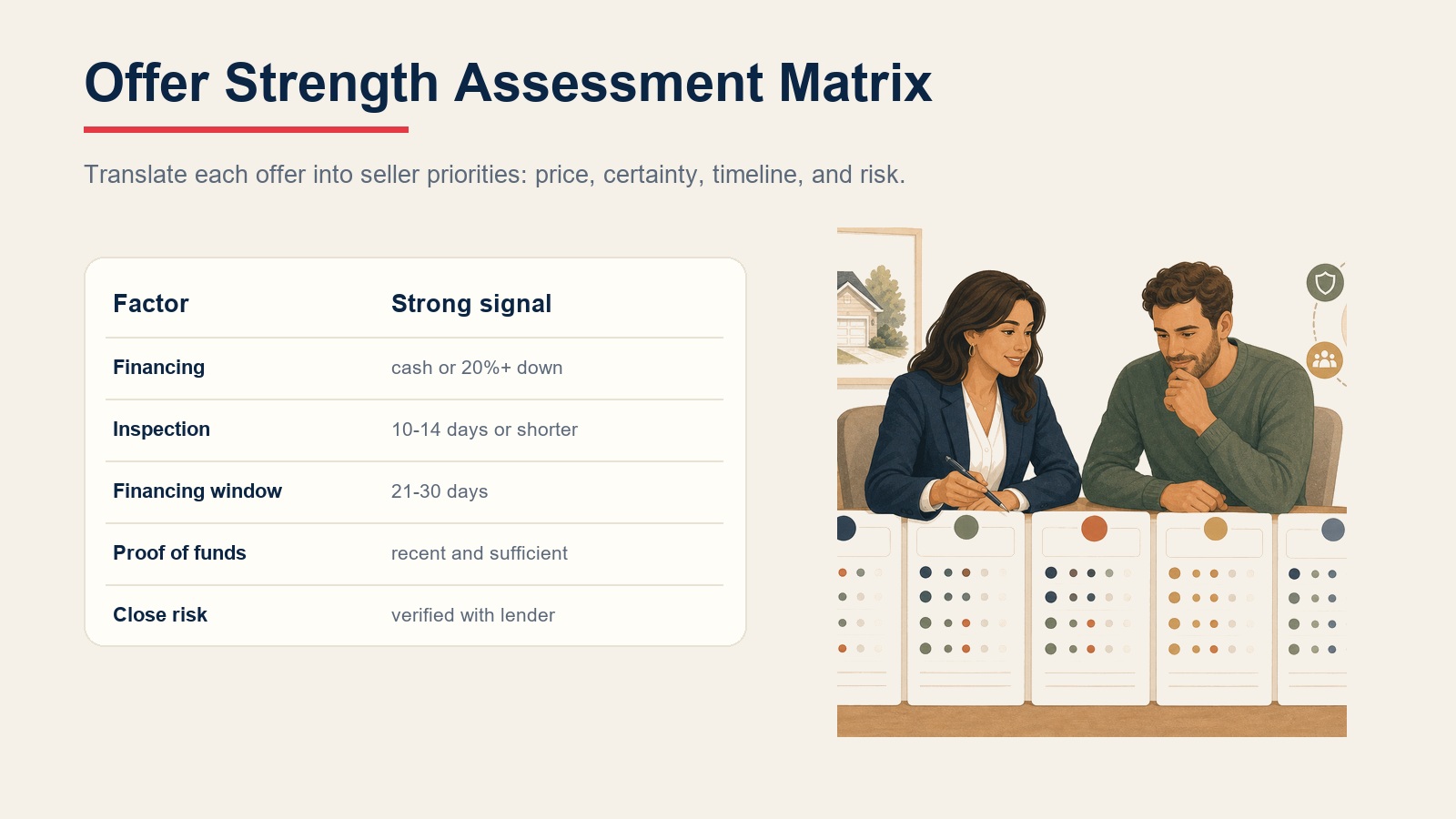 Offer strength assessment matrix for financing, inspection, financing window, proof of funds, and close risk