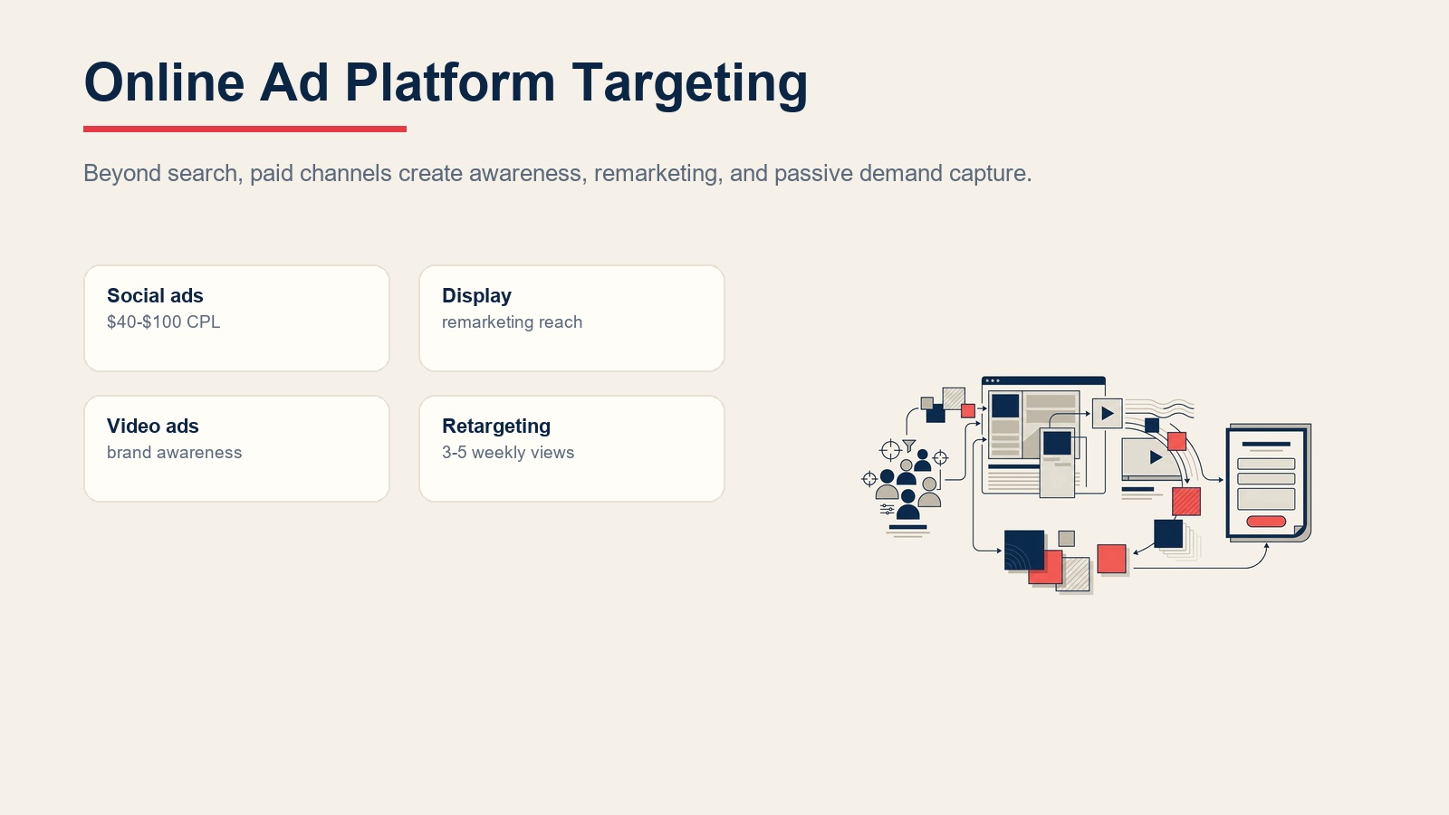 Online ad platform targeting across social ads, display, video ads, and retargeting