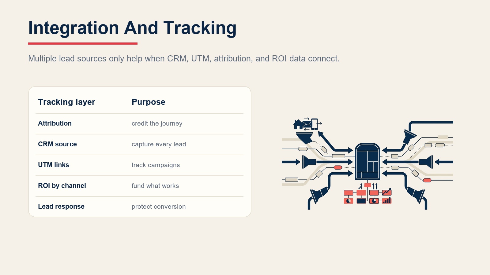 Online lead integration and tracking system connecting attribution, CRM source, UTM links, ROI, and lead response