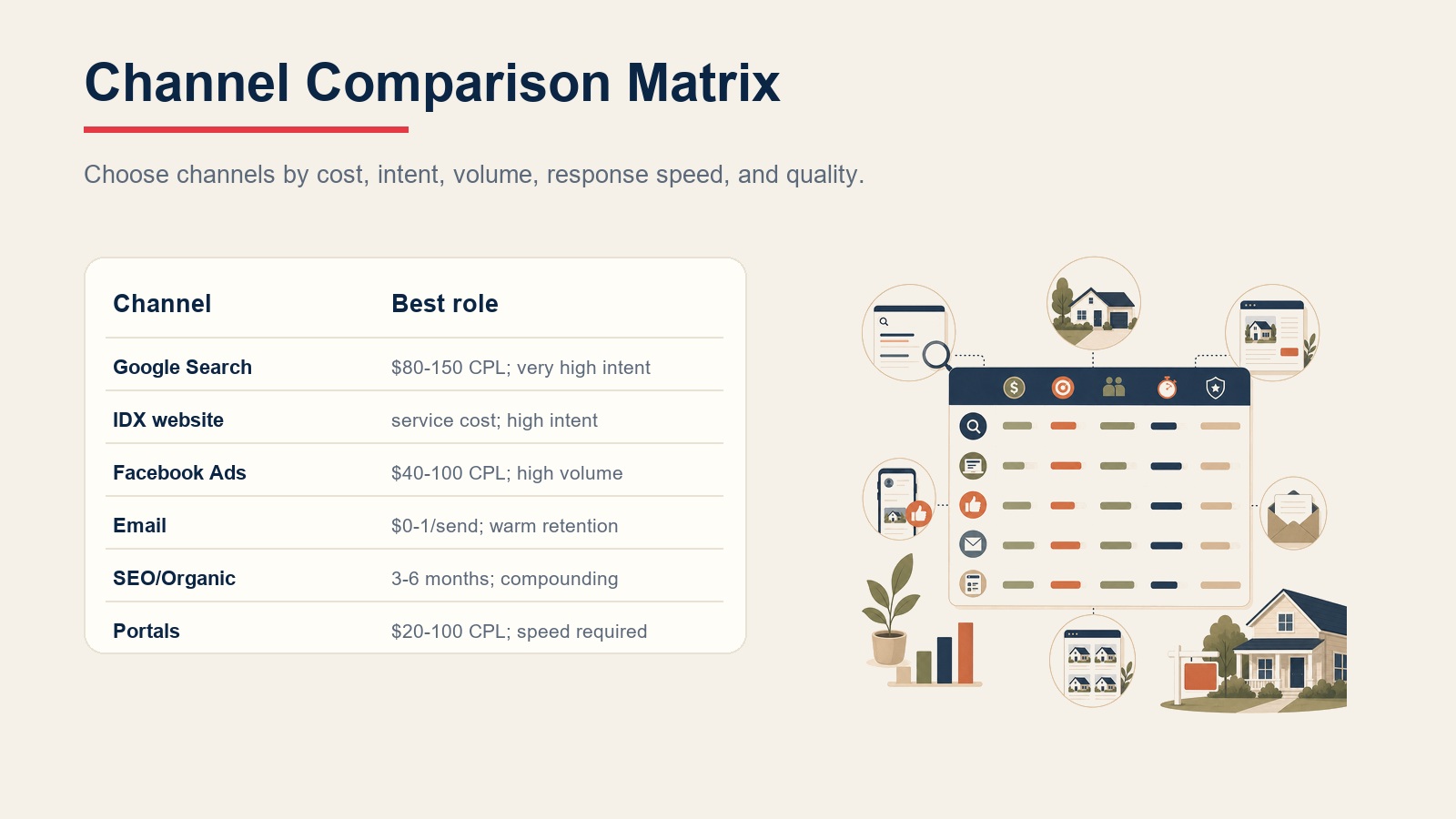 Online lead source comparison matrix showing Google Search, IDX website, Facebook Ads, Email, SEO, and Portals