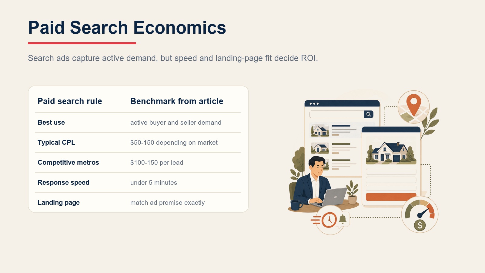 Paid search economics table showing active demand, cost per lead, competitive metros, response speed, and landing page alignment