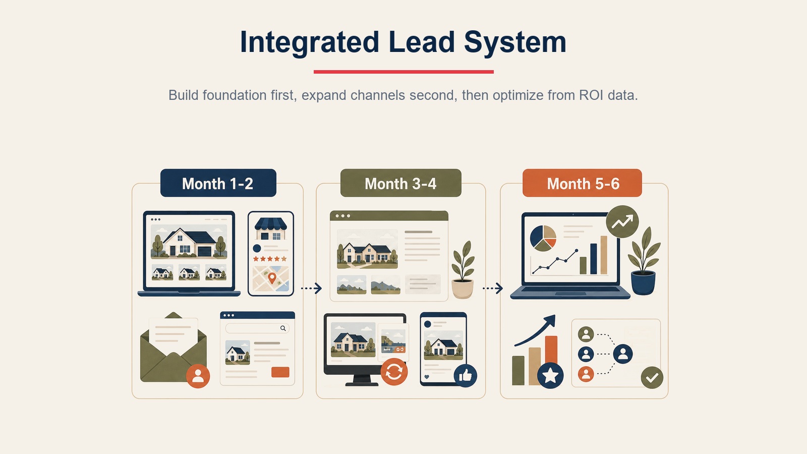 Integrated online lead generation system roadmap showing Month 1-2, Month 3-4, and Month 5-6 phases