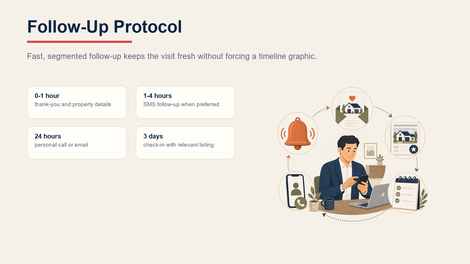 Open house follow-up protocol cards showing 0-1 hour, 1-4 hour, 24 hour, and 3 day follow-up actions
