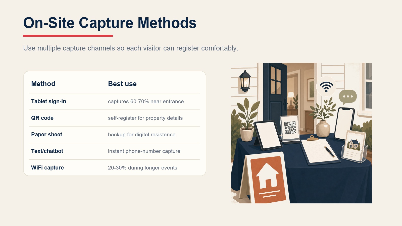 Open house capture methods table showing tablet sign-in, QR code, paper sheet, text chatbot, and WiFi capture